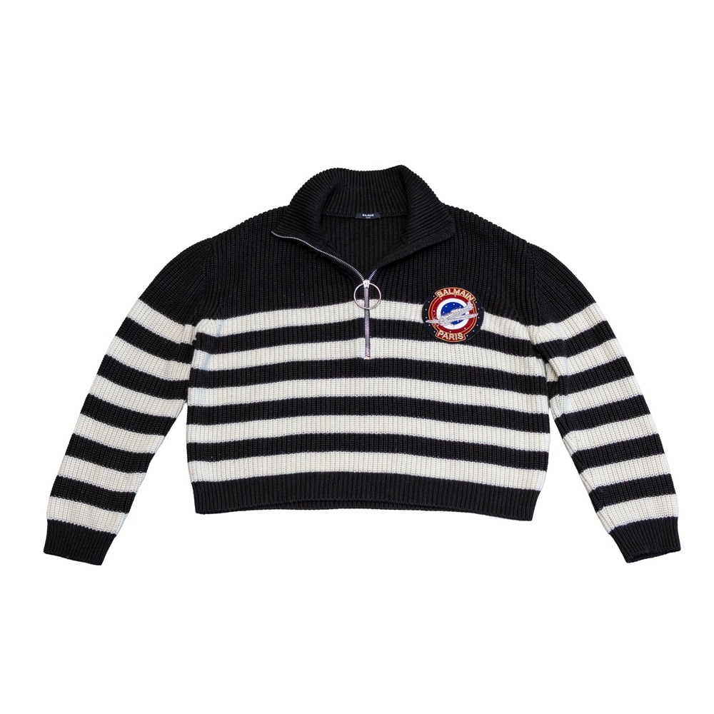 MSRP $2,396 Balmain Paris Mens Striped Quarter Zip Wool Sweater Black White SZ L